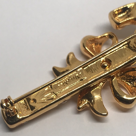 1995 Merksamer Candy Cane W/Bow Christmas Brooch Pin Gold Tone Red Green Blue - Picture 4 of 6